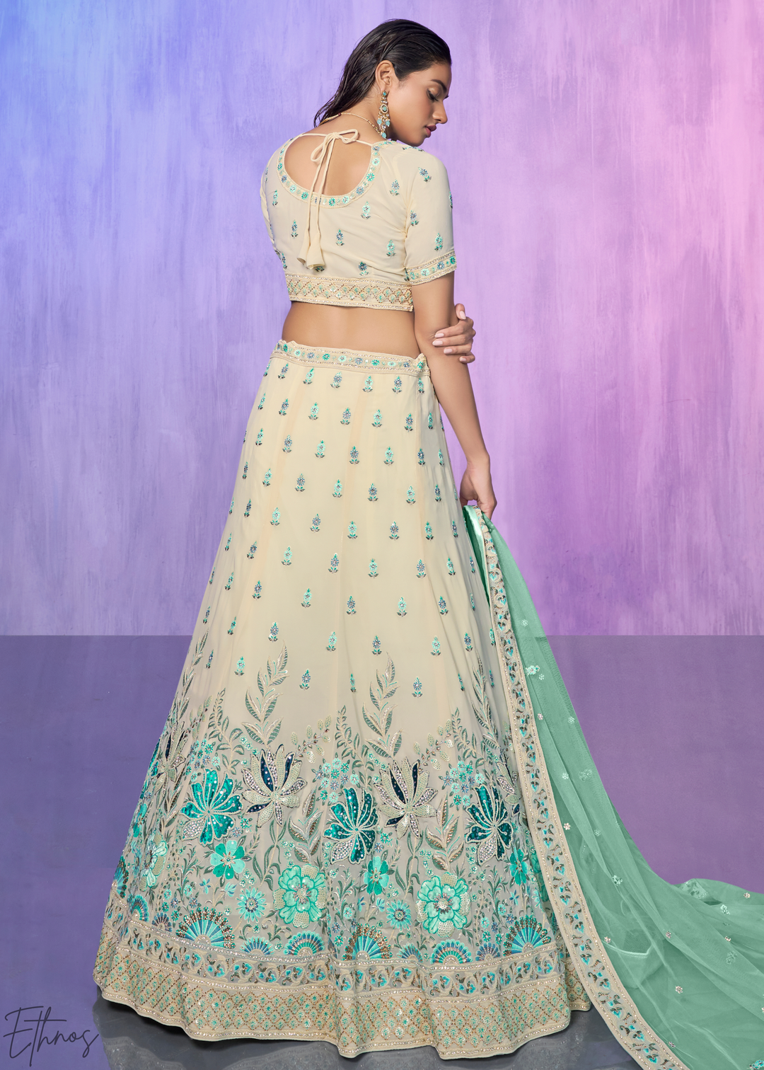 Off-White & Aqua Floral Embroidered Velvet Lehenga Choli Set