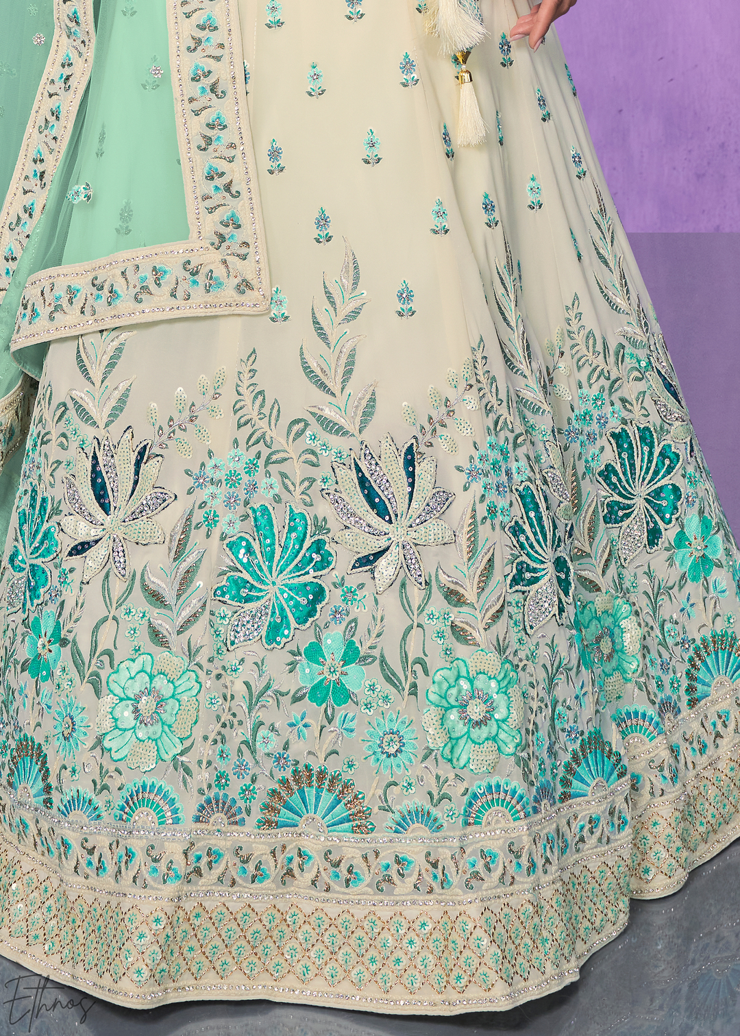 Off-White & Aqua Floral Embroidered Velvet Lehenga Choli Set