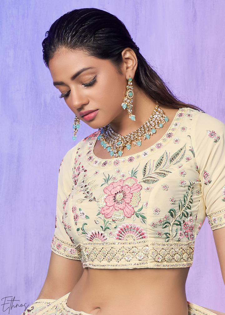 Off-White & Pink Floral Embroidered Georgette Lehenga Choli Set