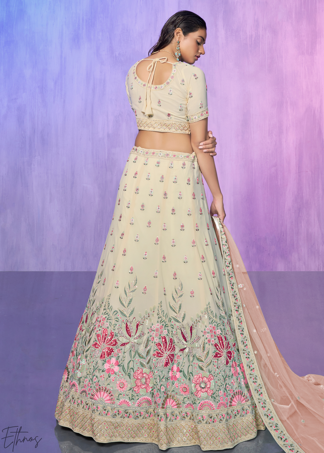 Off-White & Pink Floral Embroidered Georgette Lehenga Choli Set