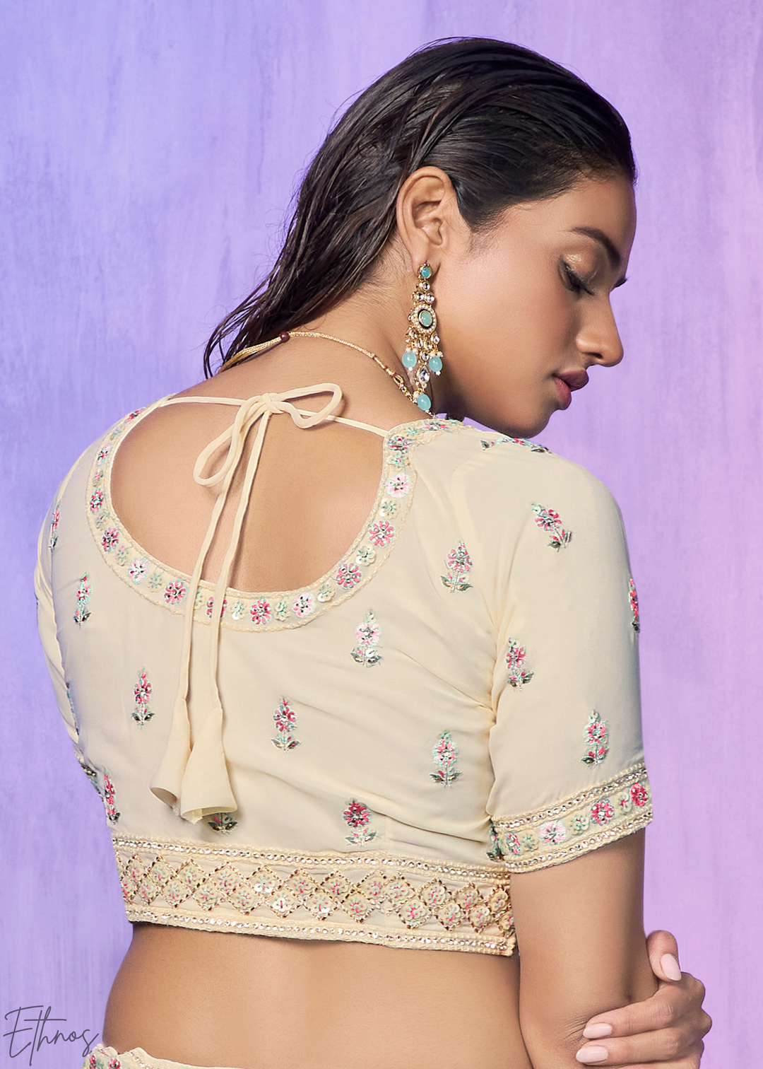 Off-White & Pink Floral Embroidered Georgette Lehenga Choli Set