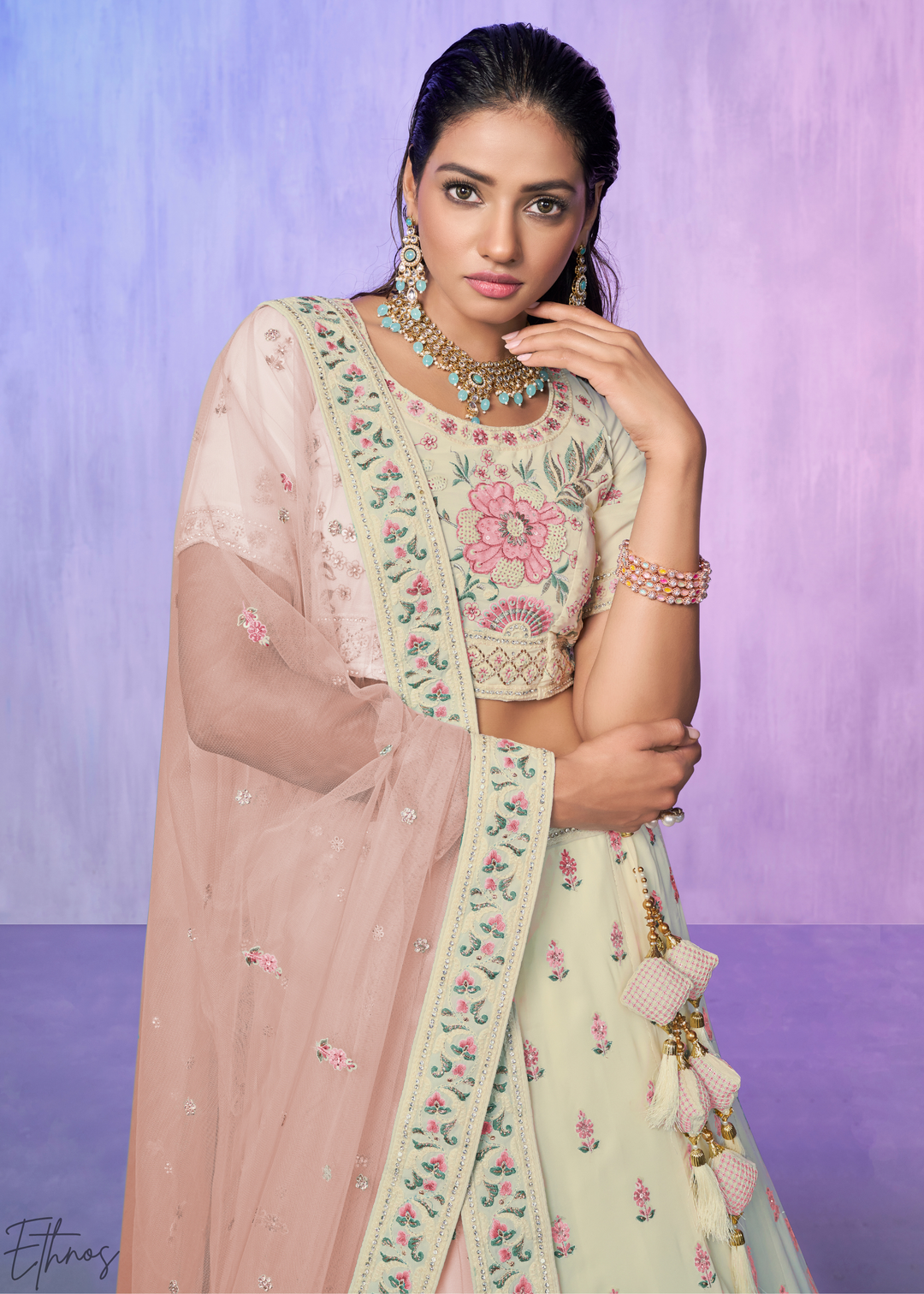 Off-White & Pink Floral Embroidered Georgette Lehenga Choli Set