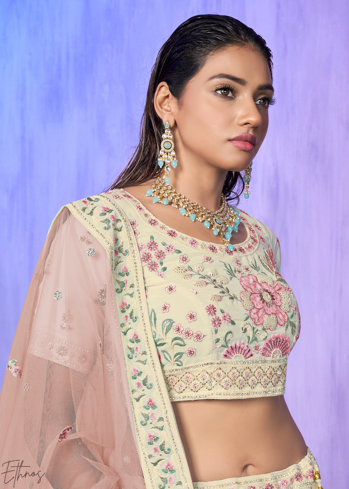 Off-White & Pink Floral Embroidered Georgette Lehenga Choli Set