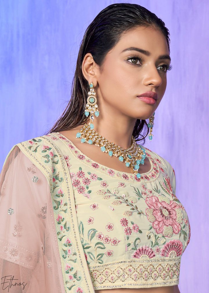 Off-White & Pink Floral Embroidered Georgette Lehenga Choli Set