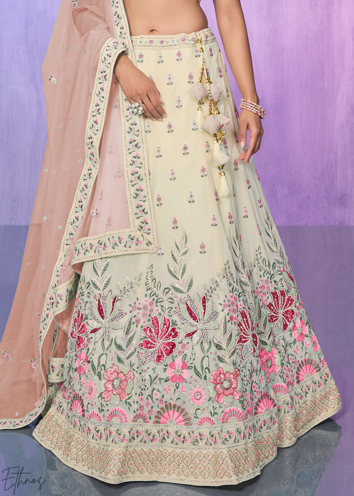 Off-White & Pink Floral Embroidered Georgette Lehenga Choli Set