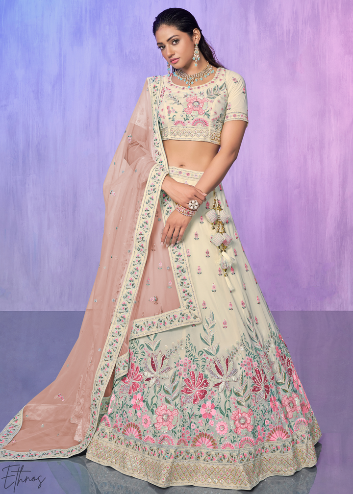 Off-White & Pink Floral Embroidered Georgette Lehenga Choli Set