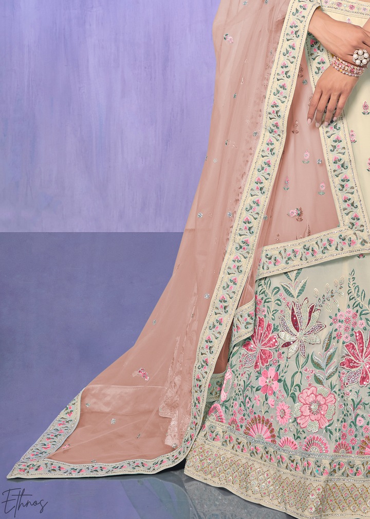 Off-White & Pink Floral Embroidered Georgette Lehenga Choli Set