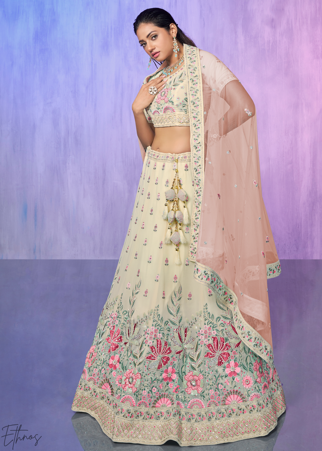 Off-White & Pink Floral Embroidered Georgette Lehenga Choli Set
