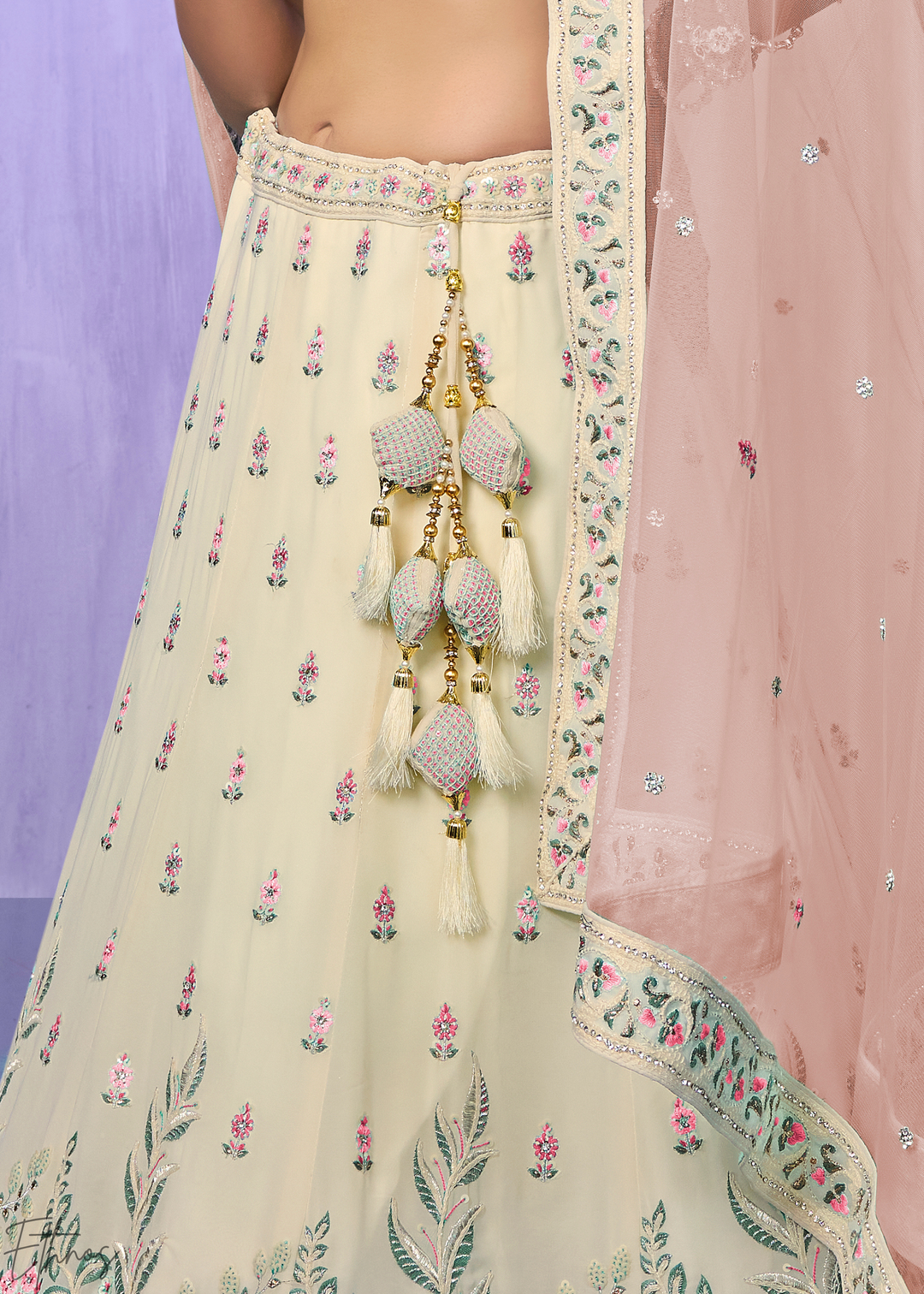 Off-White & Pink Floral Embroidered Georgette Lehenga Choli Set