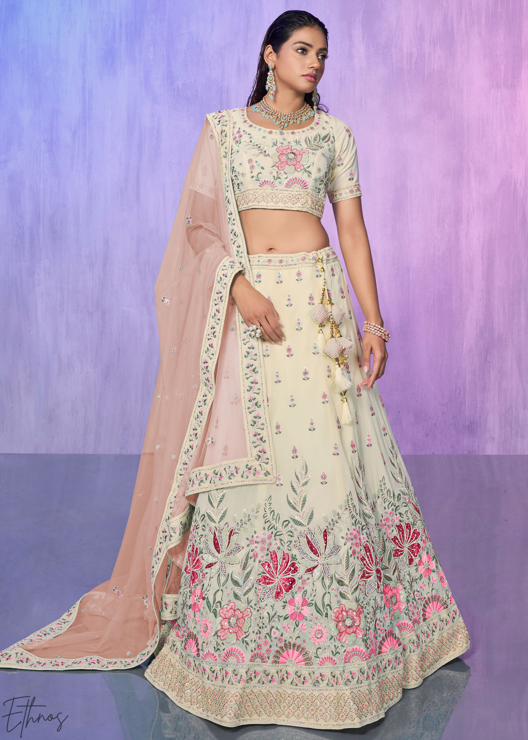 Off-White & Pink Floral Embroidered Georgette Lehenga Choli Set