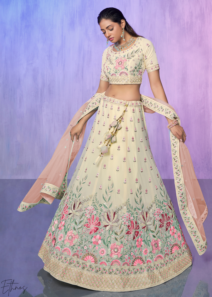 Off-White & Pink Floral Embroidered Georgette Lehenga Choli Set