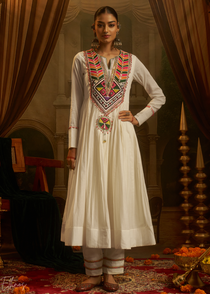 Off White Colorful Geometric Embroidered Mul Cotton Anarkali Suit