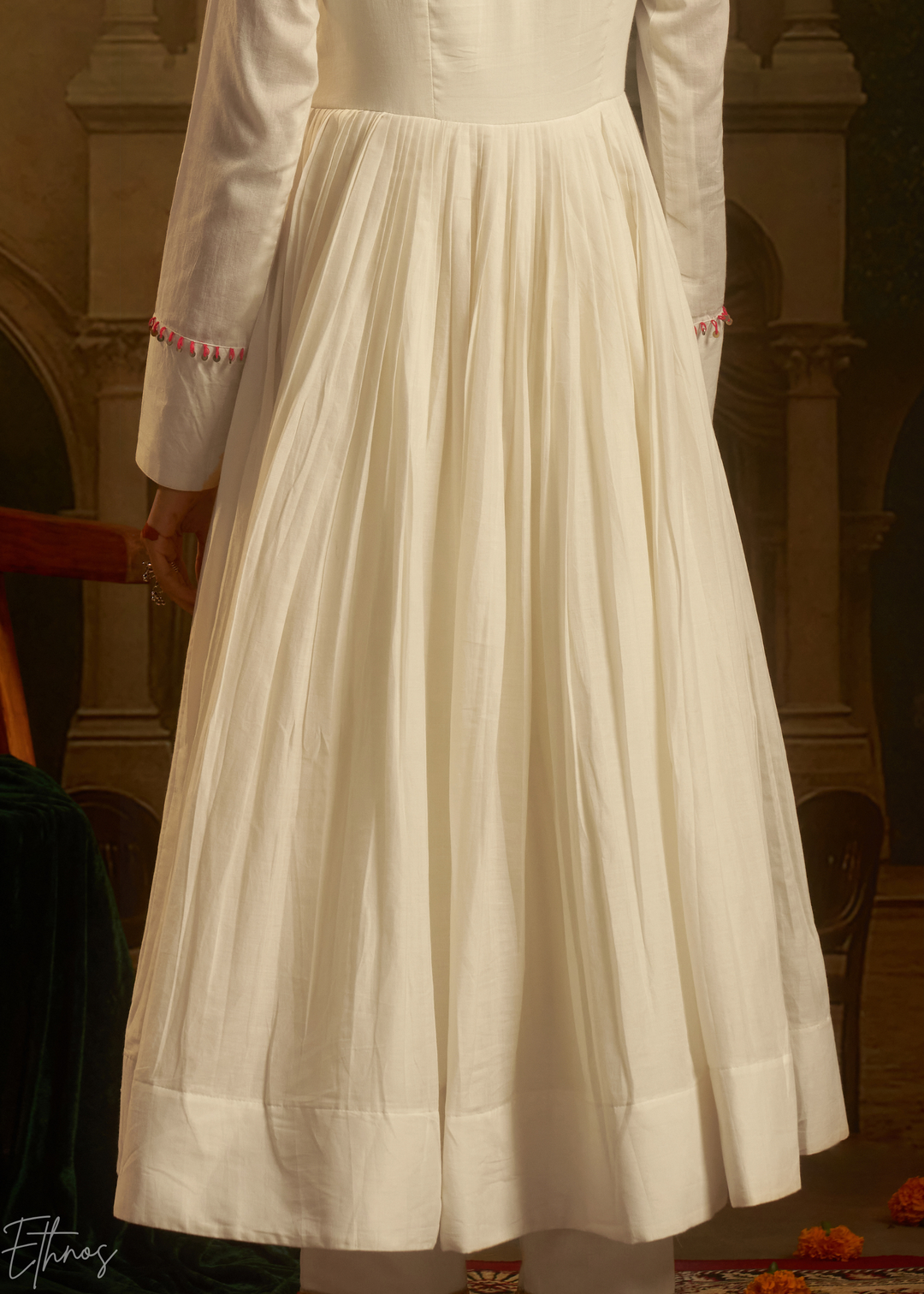 Off White Colorful Geometric Embroidered Mul Cotton Anarkali Suit