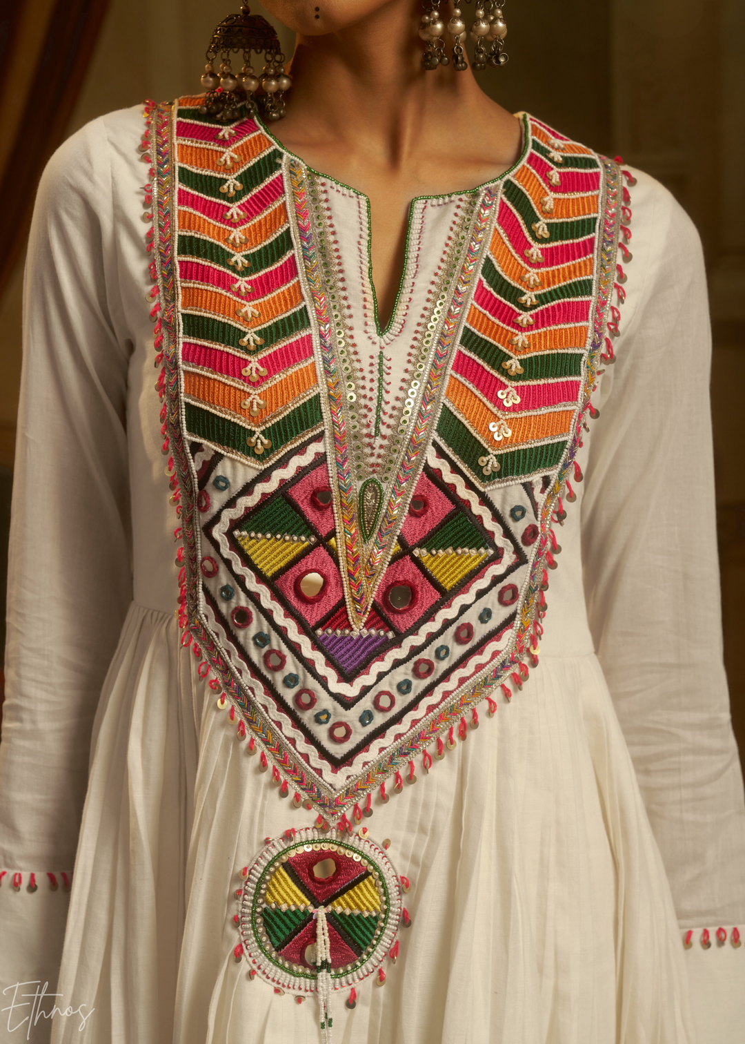 Off White Colorful Geometric Embroidered Mul Cotton Anarkali Suit
