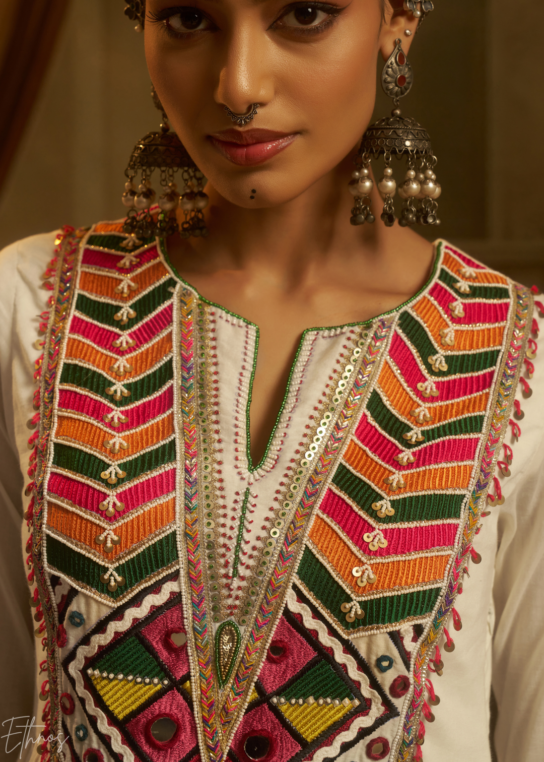 Off White Colorful Geometric Embroidered Mul Cotton Anarkali Suit
