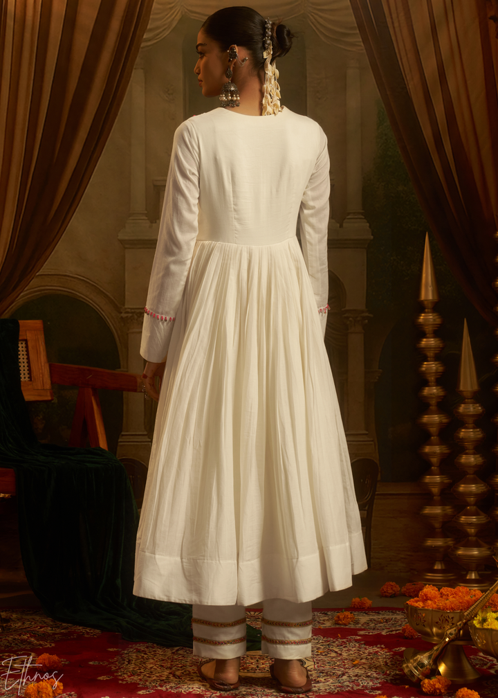 Off White Colorful Geometric Embroidered Mul Cotton Anarkali Suit