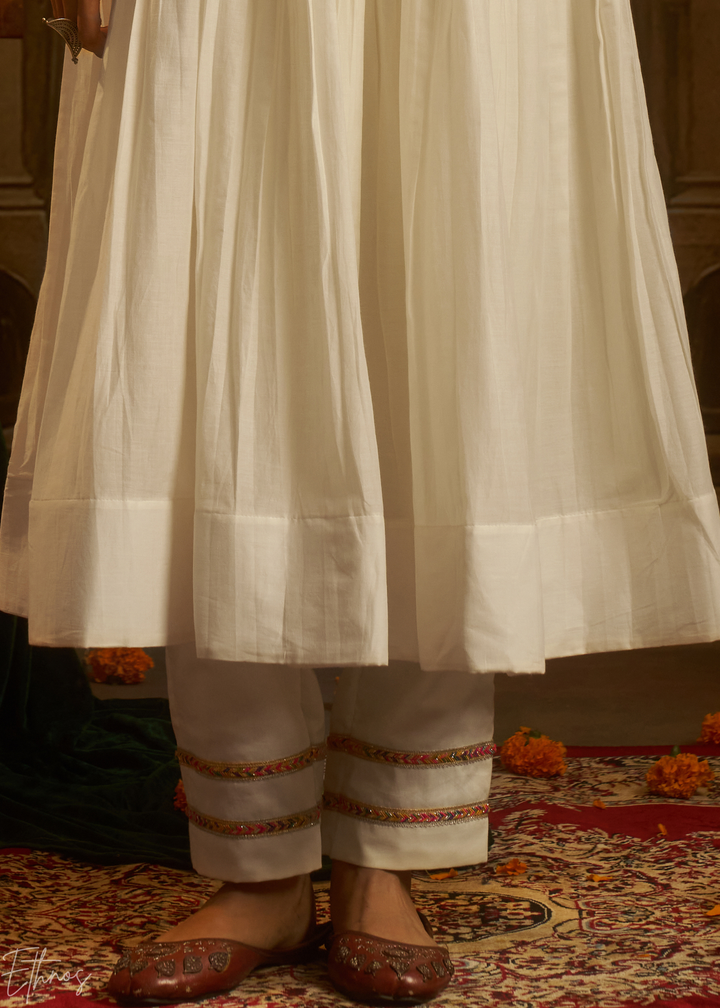Off White Colorful Geometric Embroidered Mul Cotton Anarkali Suit