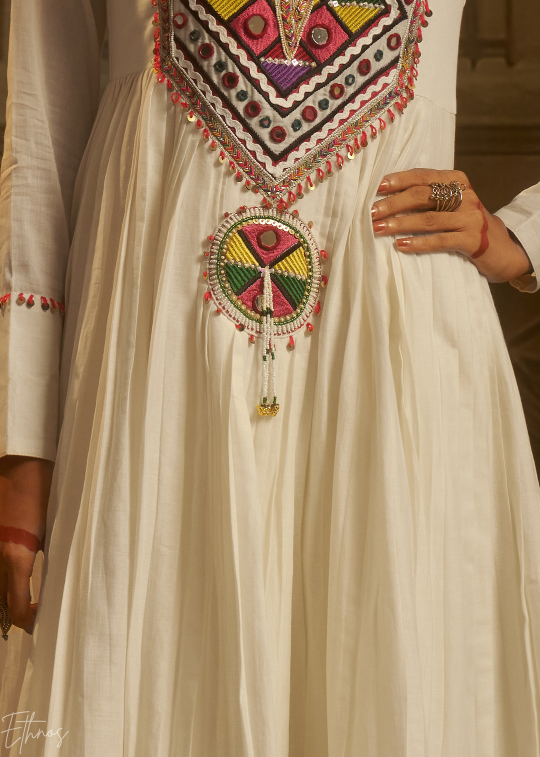 Off White Colorful Geometric Embroidered Mul Cotton Anarkali Suit