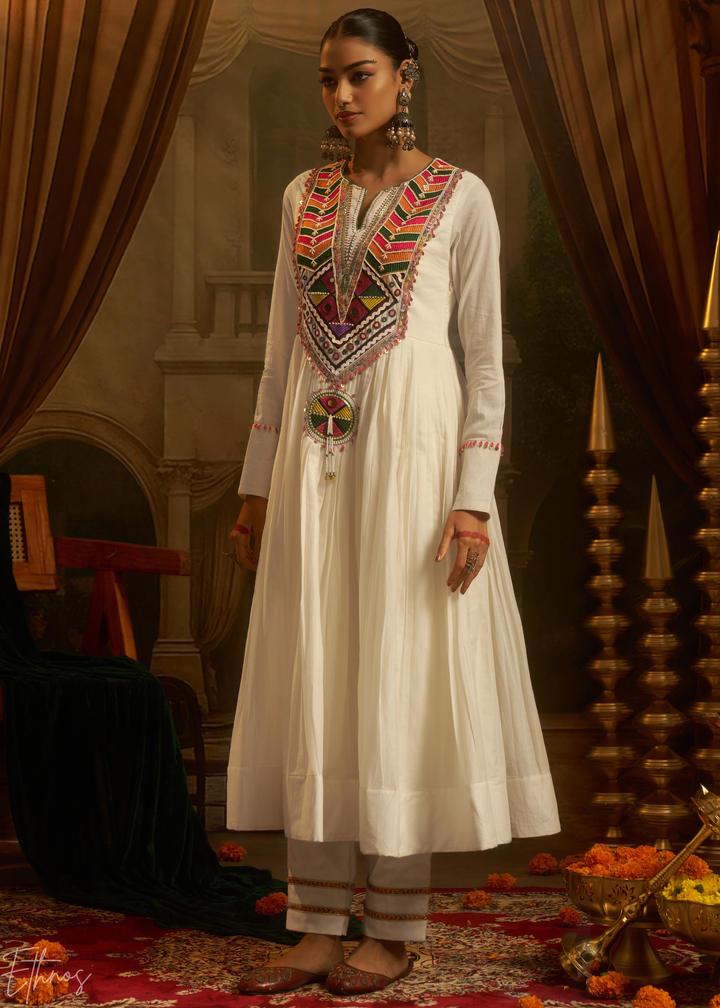 Off White Colorful Geometric Embroidered Mul Cotton Anarkali Suit