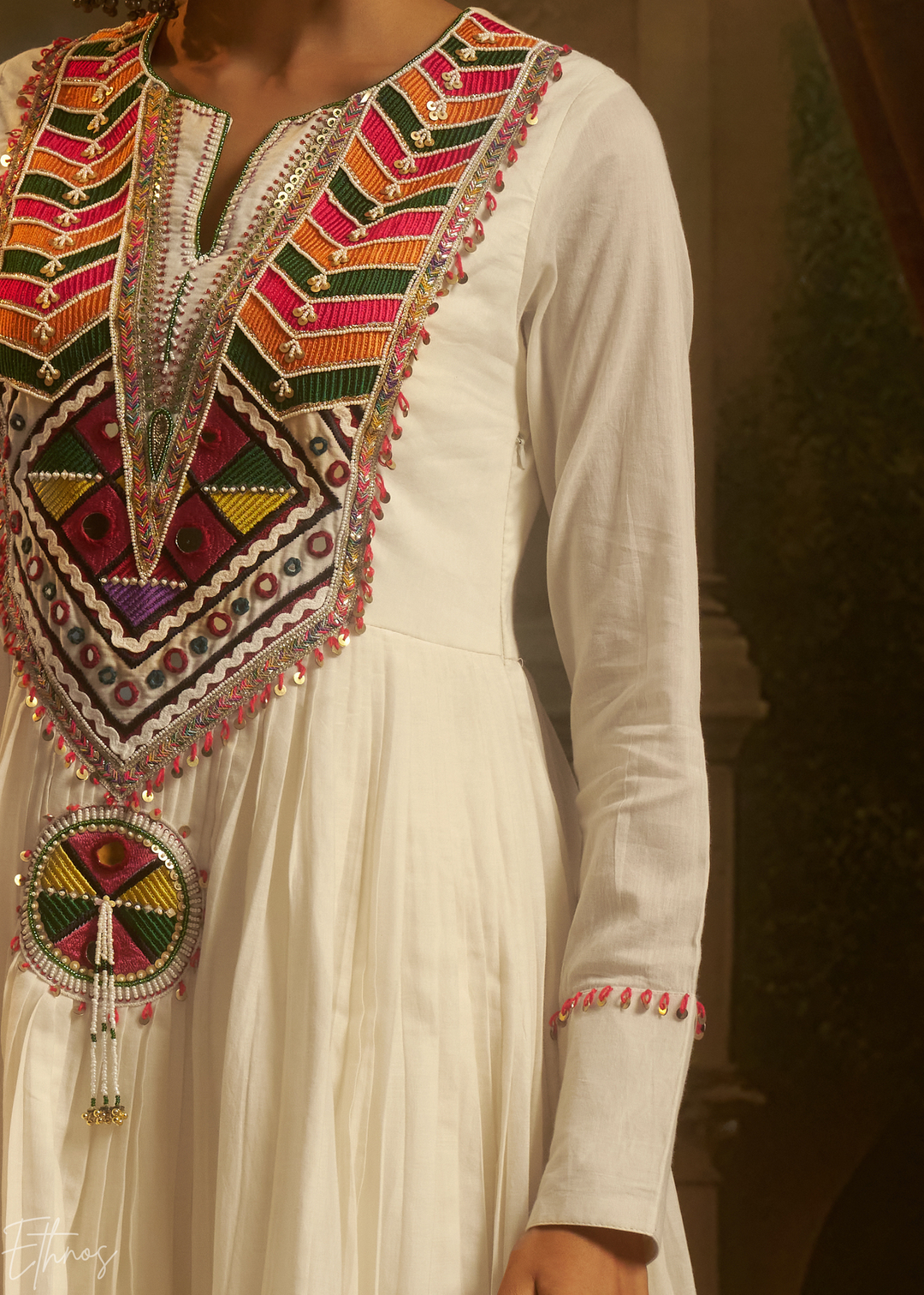 Off White Colorful Geometric Embroidered Mul Cotton Anarkali Suit