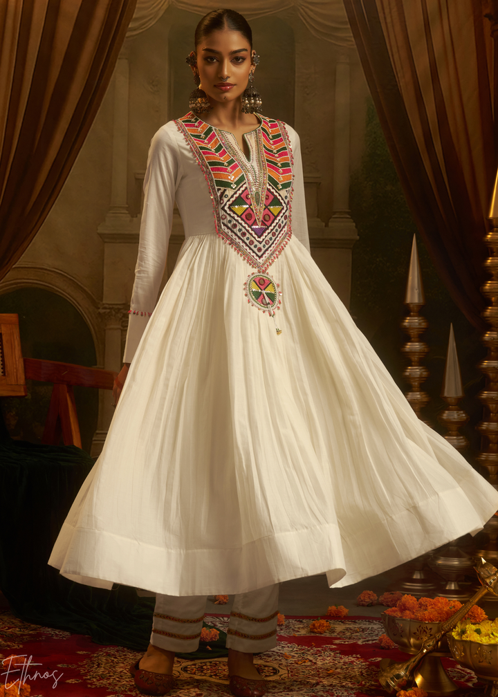 Off White Colorful Geometric Embroidered Mul Cotton Anarkali Suit
