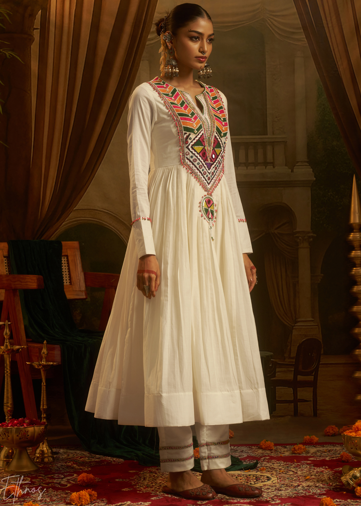 Off White Colorful Geometric Embroidered Mul Cotton Anarkali Suit