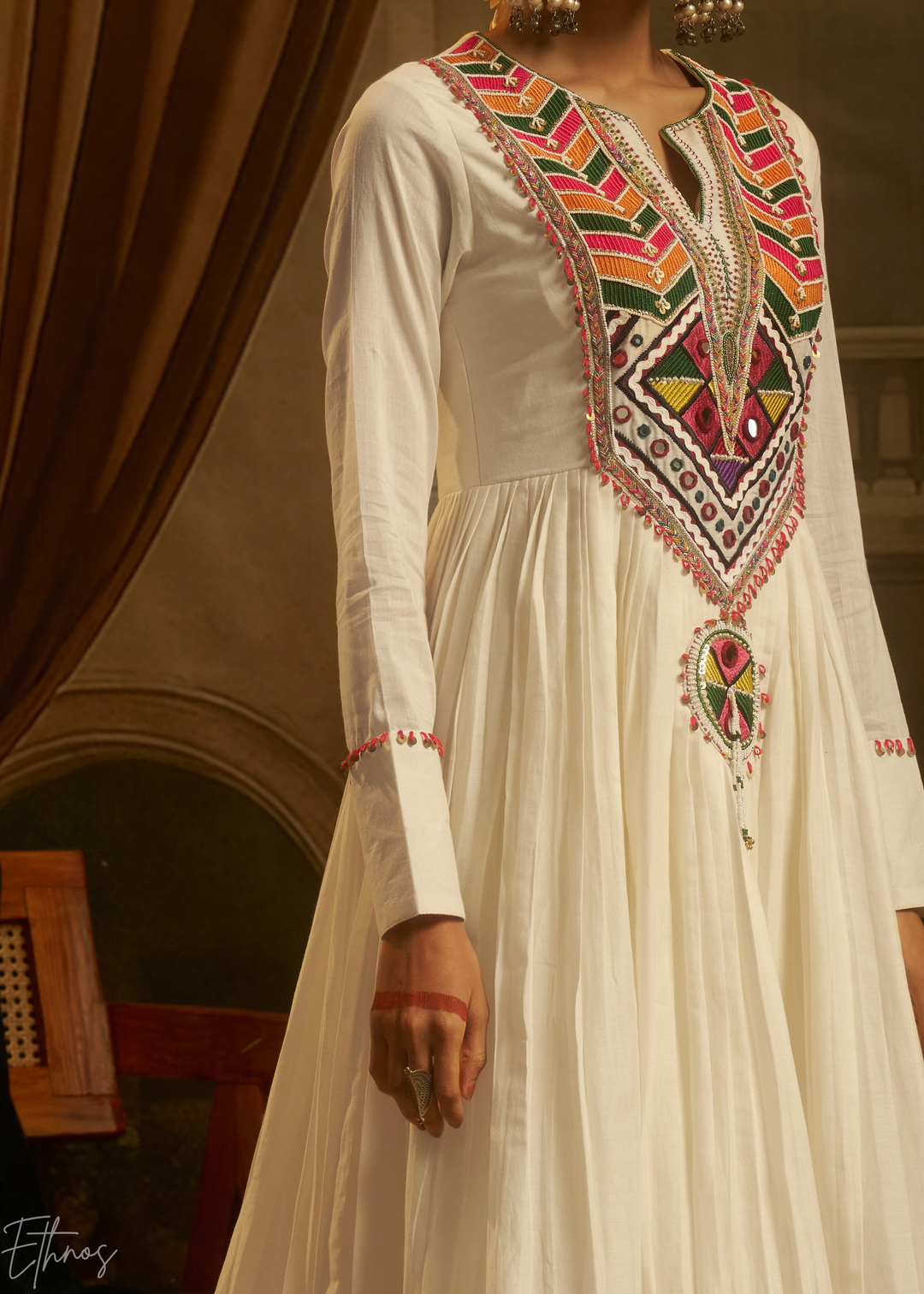 Off White Colorful Geometric Embroidered Mul Cotton Anarkali Suit