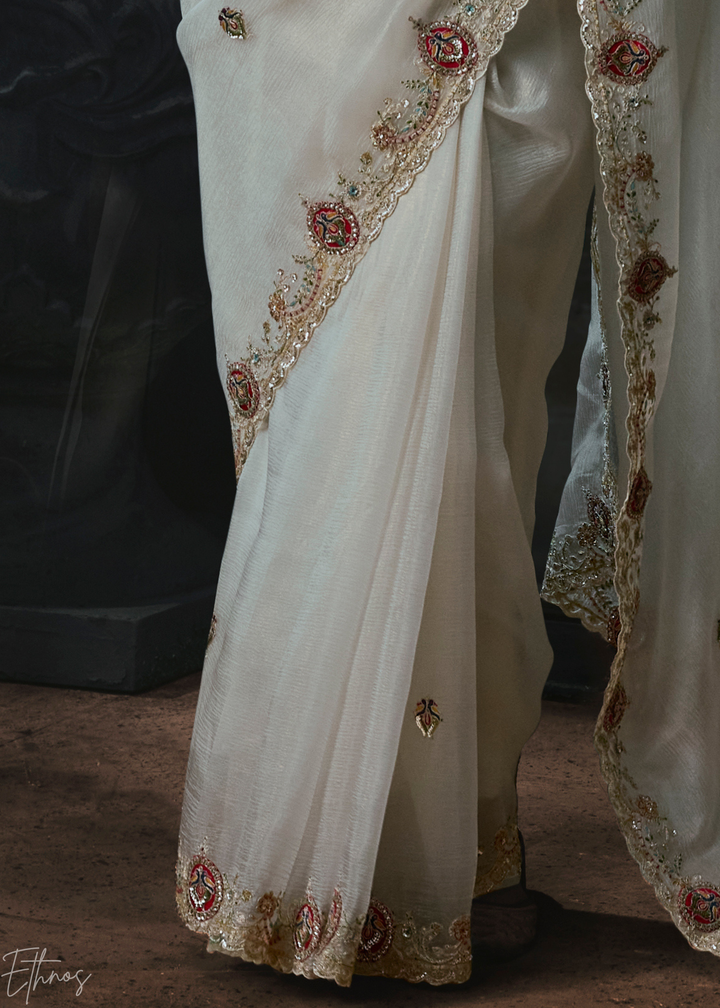 Off White Delicate Border Organza Silk Saree