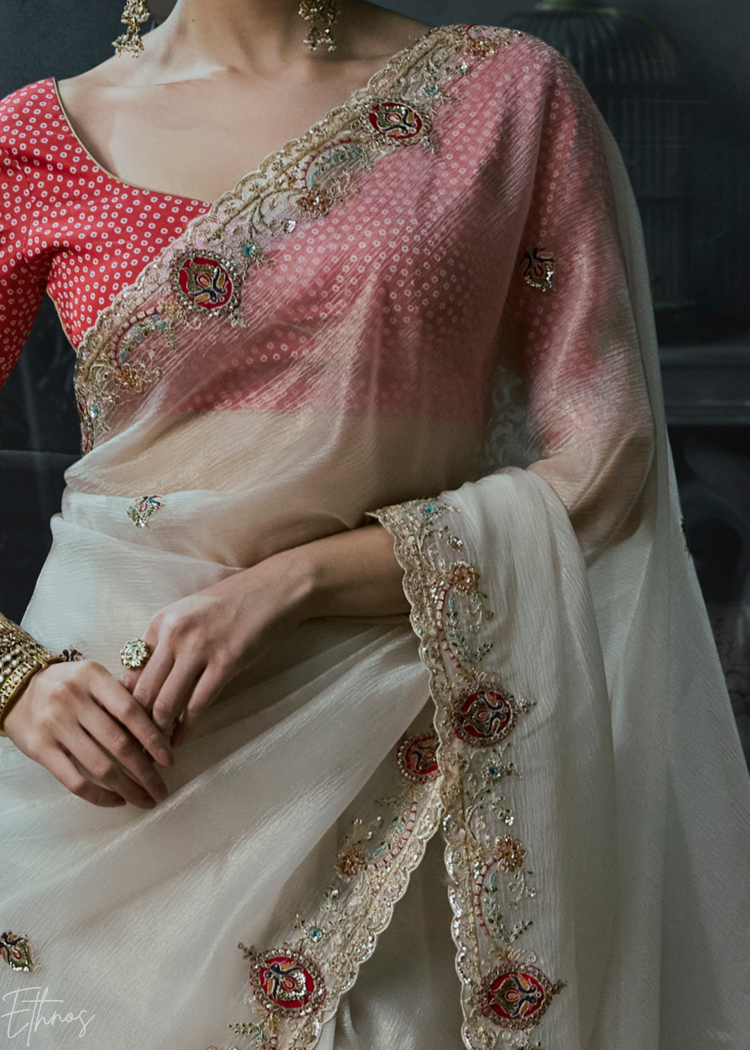 Off White Delicate Border Organza Silk Saree