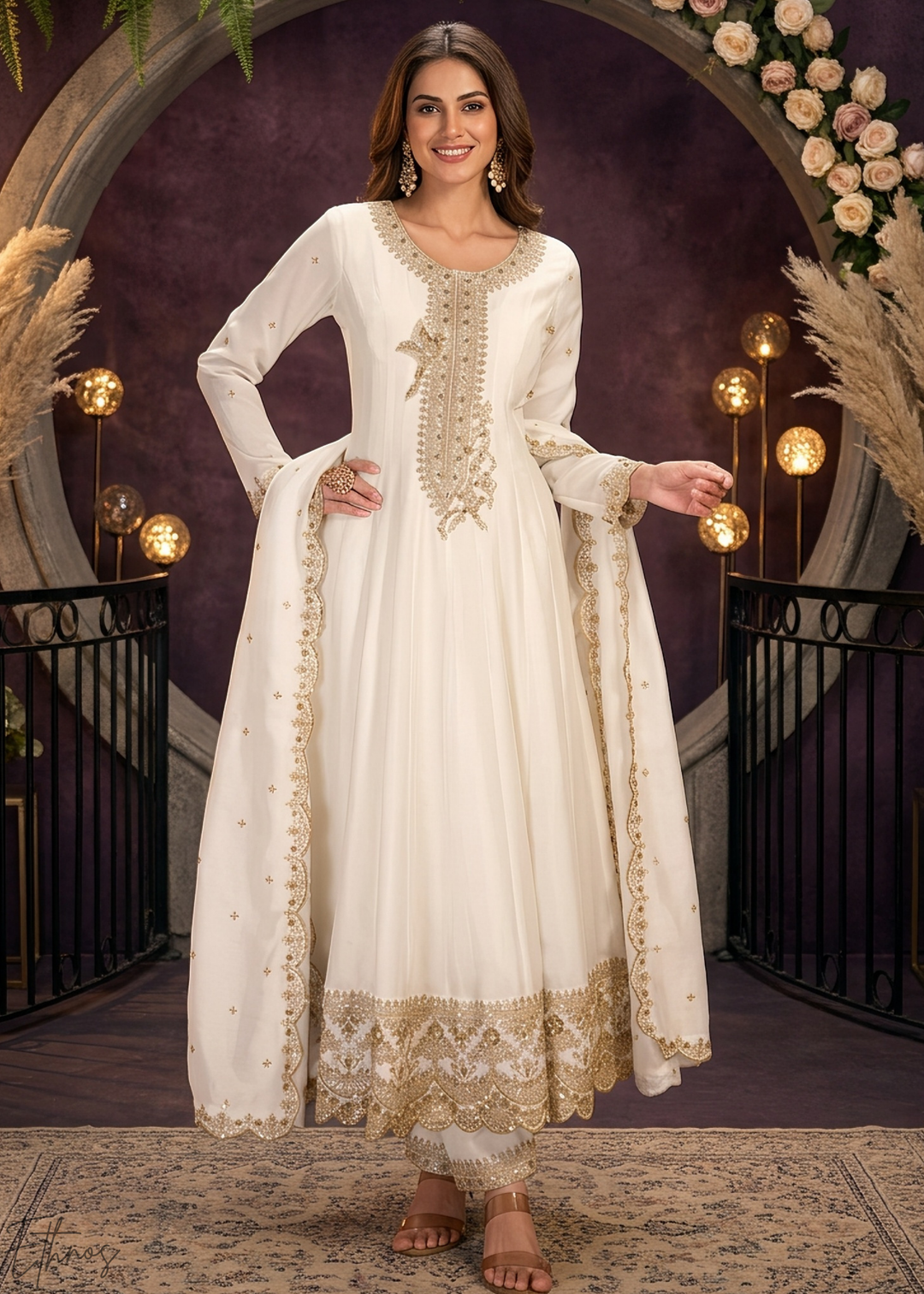 Off White Neckline Border Embroidered Silk Anarkali Suit Set