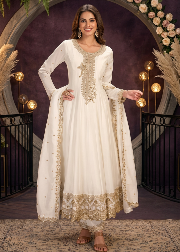 Off White Neckline Border Embroidered Silk Anarkali Suit Set