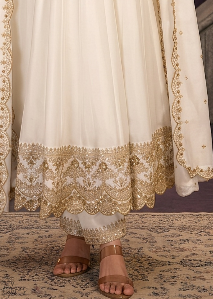 Off White Neckline Border Embroidered Silk Anarkali Suit Set