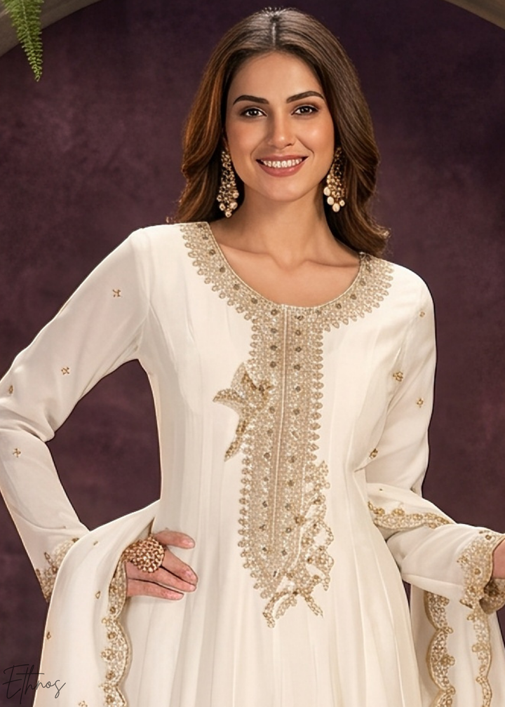 Off White Neckline Border Embroidered Silk Anarkali Suit Set