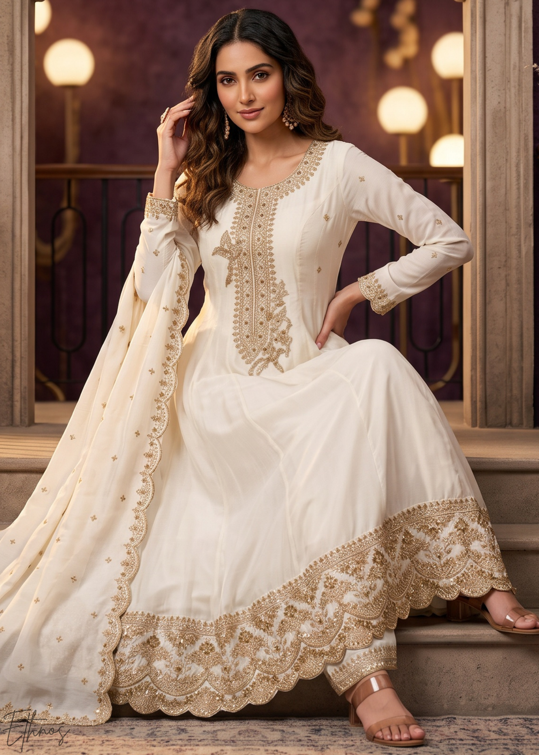 Off White Neckline Border Embroidered Silk Anarkali Suit Set