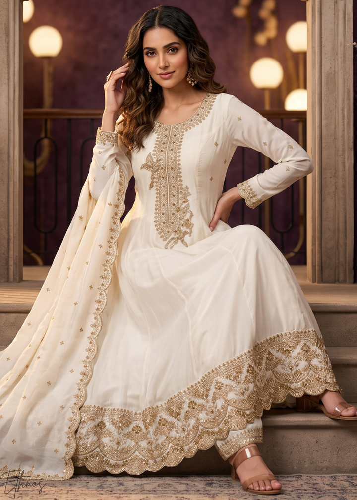 Off White Neckline Border Embroidered Silk Anarkali Suit Set