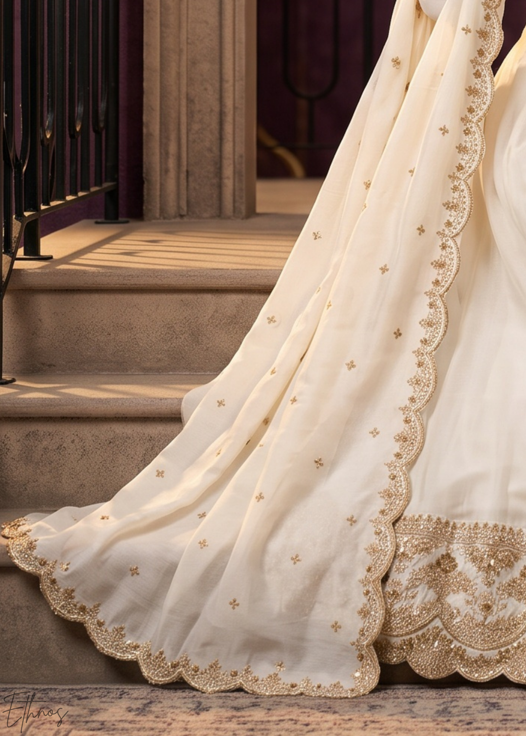 Off White Neckline Border Embroidered Silk Anarkali Suit Set