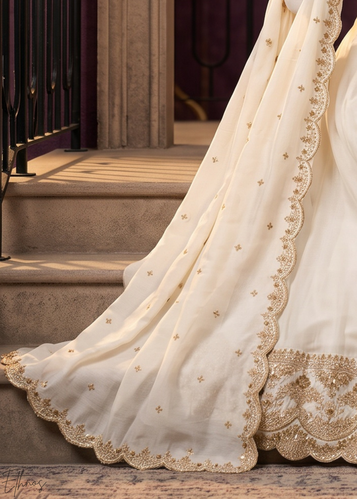 Off White Neckline Border Embroidered Silk Anarkali Suit Set