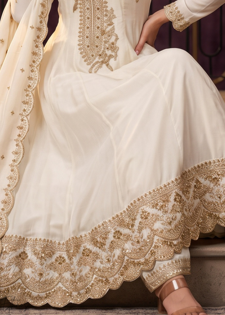Off White Neckline Border Embroidered Silk Anarkali Suit Set