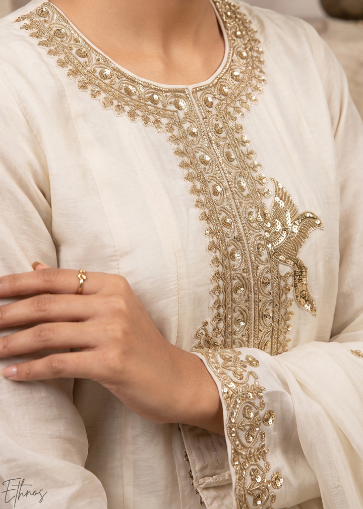 Off White Neckline Border Embroidered Silk Anarkali Suit Set