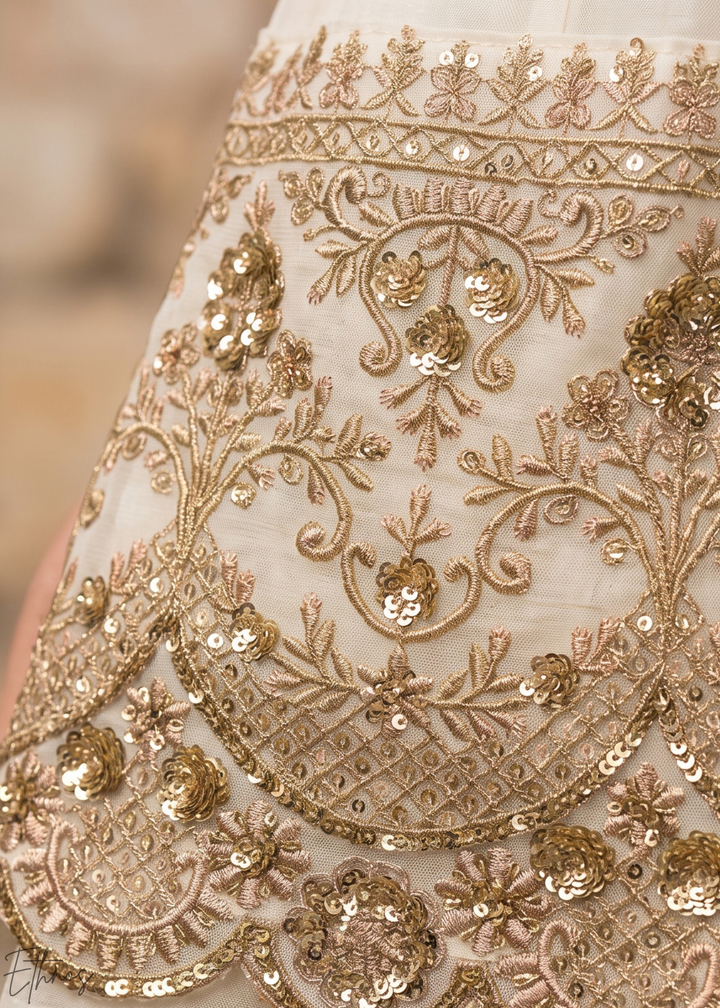 Off White Neckline Border Embroidered Silk Anarkali Suit Set