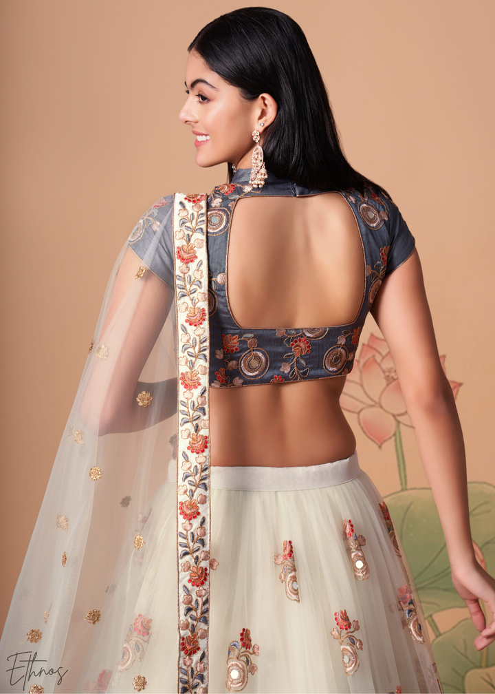 Off White Opulent Floral Mirror Net Lehenga