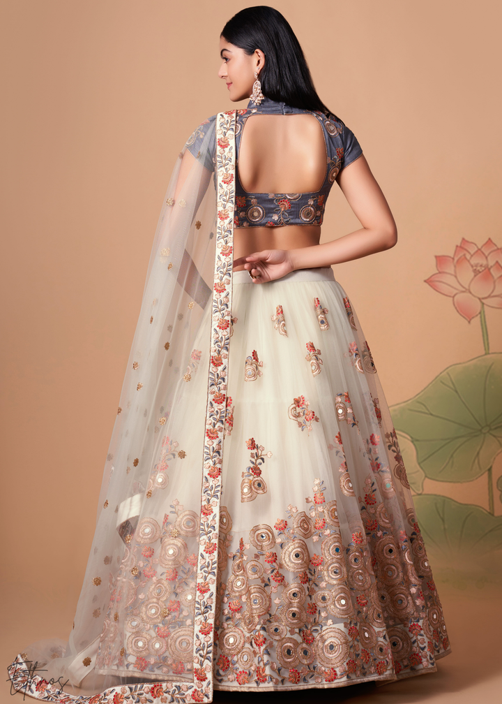 Off White Opulent Floral Mirror Net Lehenga