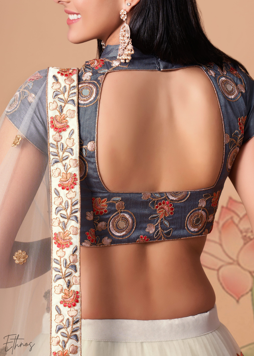 Off White Opulent Floral Mirror Net Lehenga