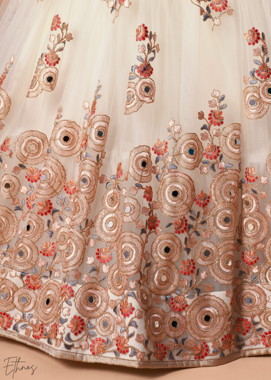 Off White Opulent Floral Mirror Net Lehenga
