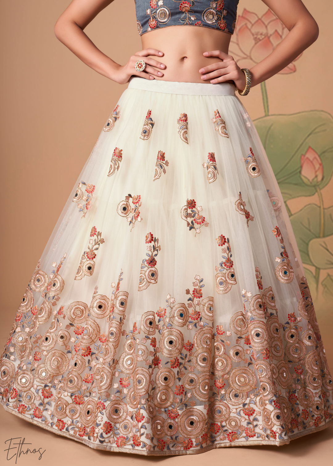 Off White Opulent Floral Mirror Net Lehenga