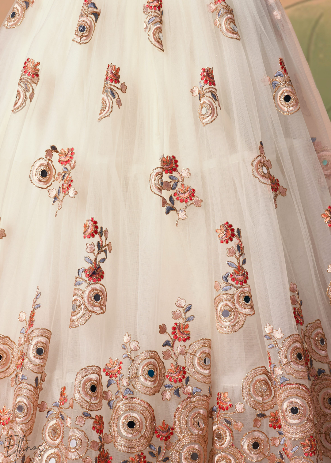 Off White Opulent Floral Mirror Net Lehenga