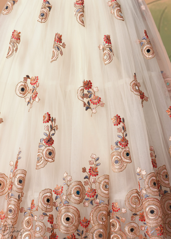 Off White Opulent Floral Mirror Net Lehenga