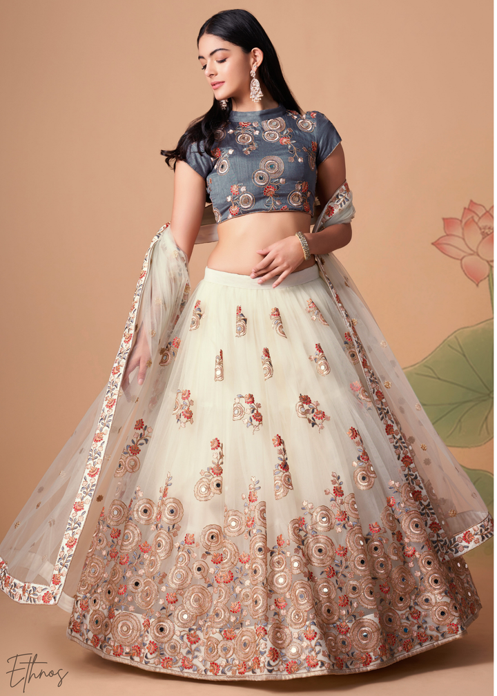 Off White Opulent Floral Mirror Net Lehenga