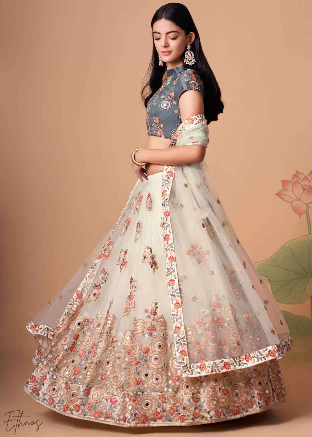 Off White Opulent Floral Mirror Net Lehenga