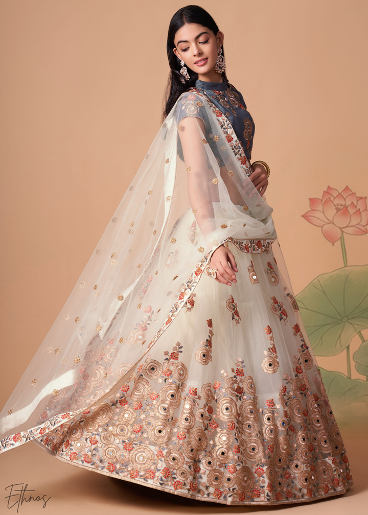 Off White Opulent Floral Mirror Net Lehenga